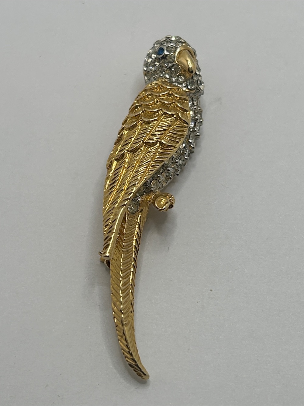 Gold and Silver Rhinestone Parrot Brooch - Elegant Bird Pin